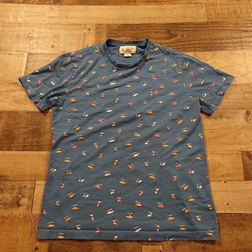 Original Penguin shirt crew neck men's large blue surfing fun print summer beach